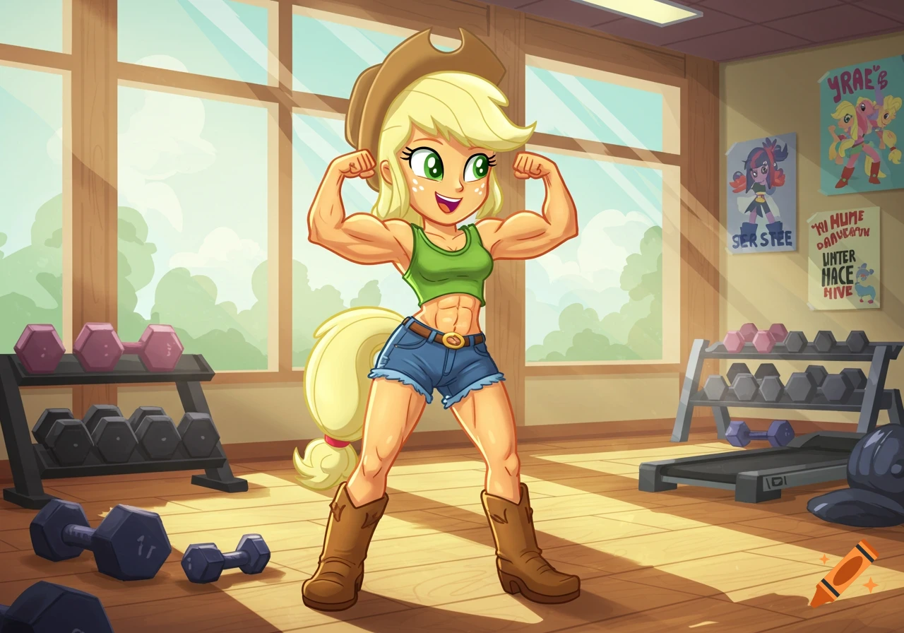 A cartoon character, Applejack from My Little Pony, in a green crop top and denim shorts, flexing her muscles in a gym.