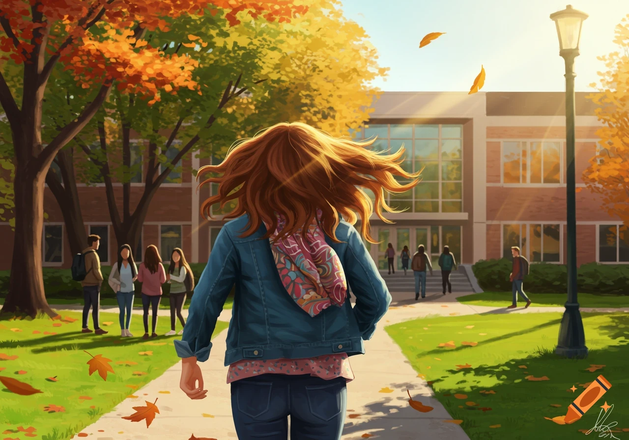 An illustrated view from behind of a female student with long wavy hair running on a path through a college campus in autumn.