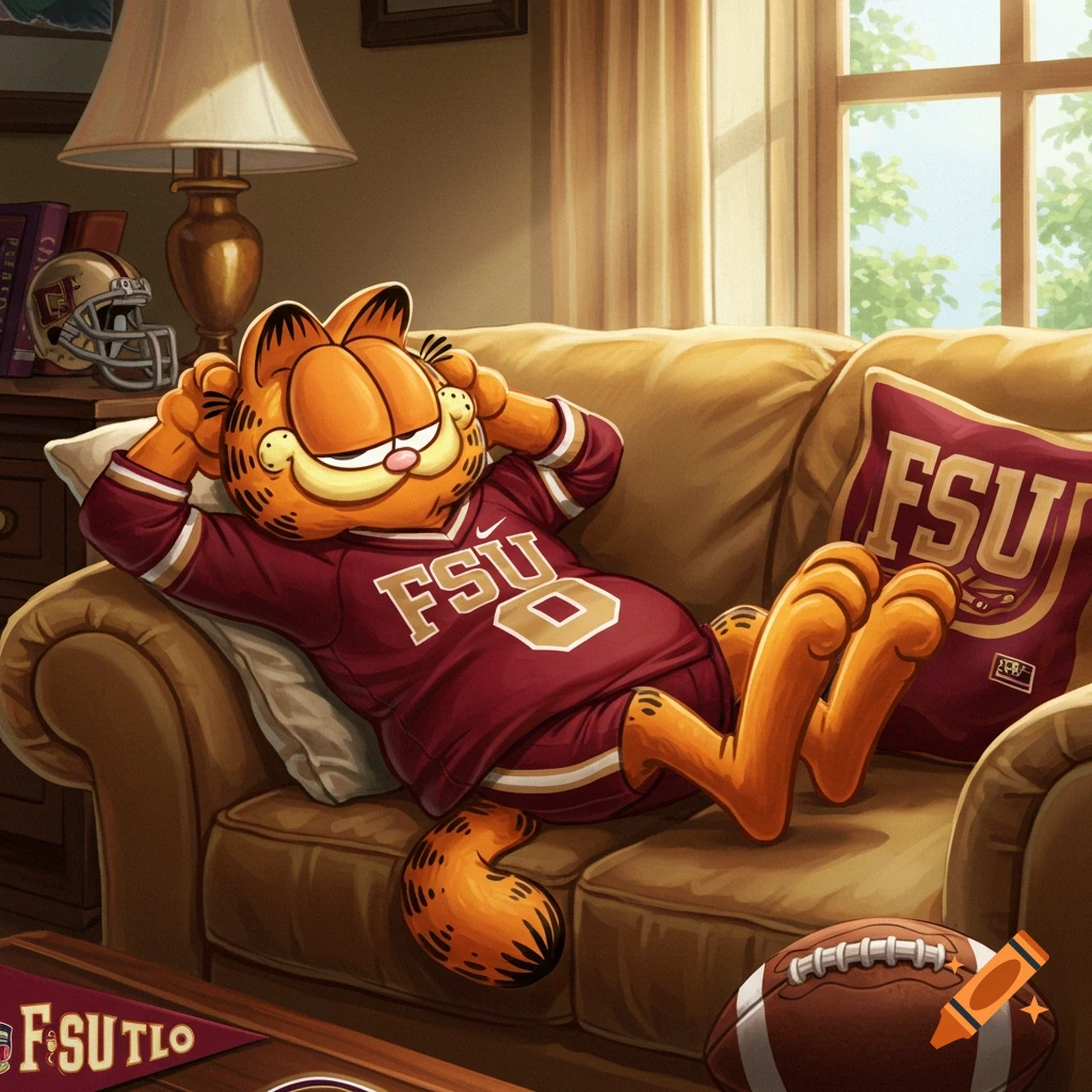 Cartoon character Garfield, an orange cat, relaxes on a brown couch wearing a red Florida State University football jersey. A football, helmet, and FSU pillow are nearby in a sunlit room.