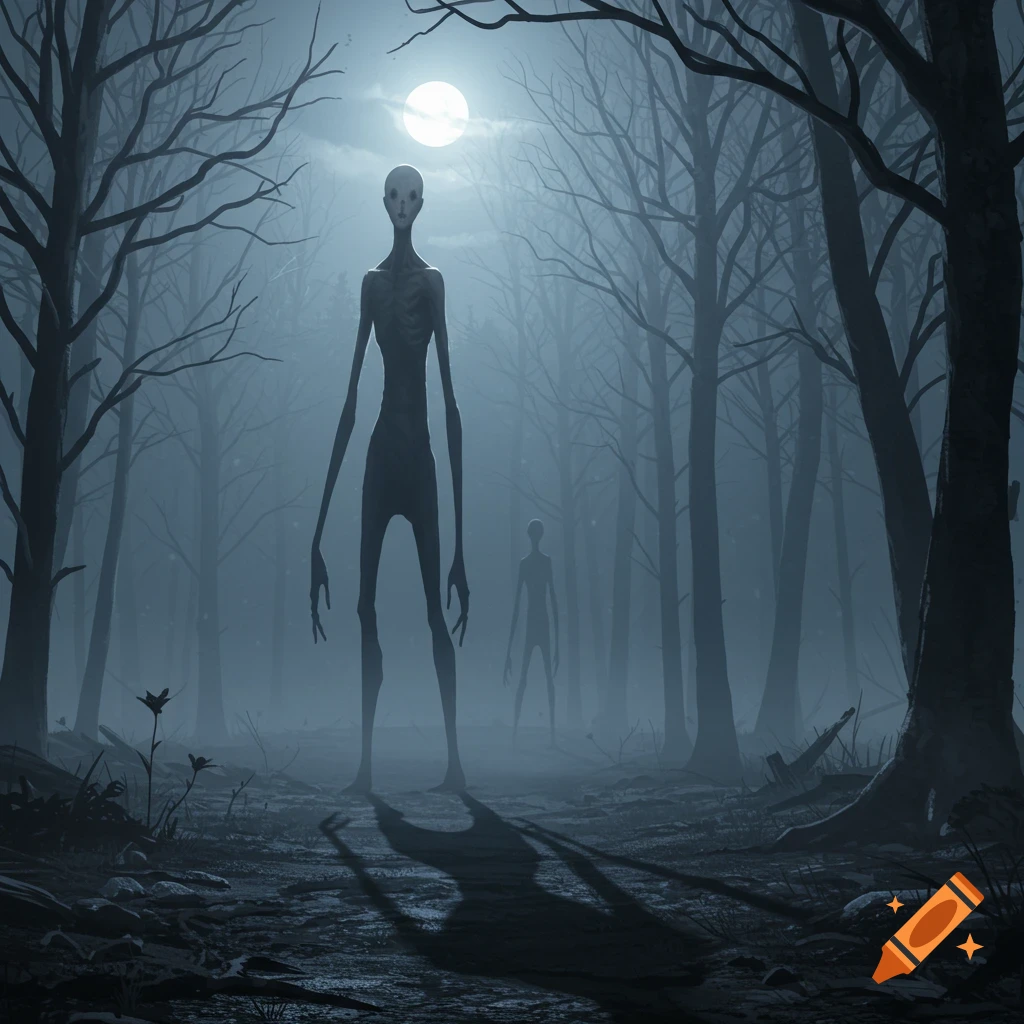 Two tall, skeletal figures stand in a misty, moonlit forest, creating a dark and eerie horror scene.