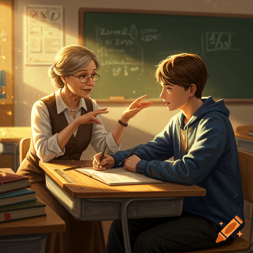 An older female teacher in a vest and glasses explains something to a teenage boy student writing at a desk in a sunlit classroom.