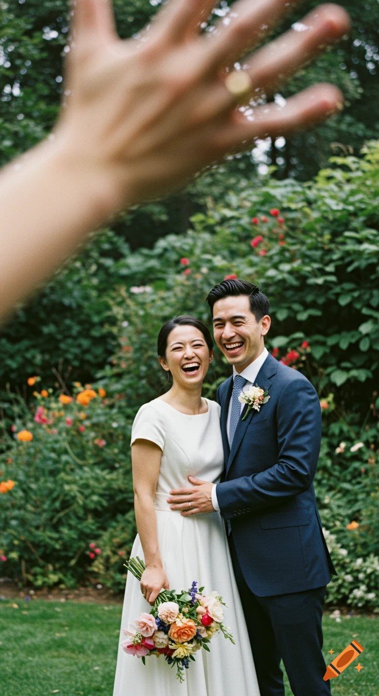 A joyful couple, a bride in a white dress and groom in a suit, laugh together in a garden, with a blurred hand in the foreground.