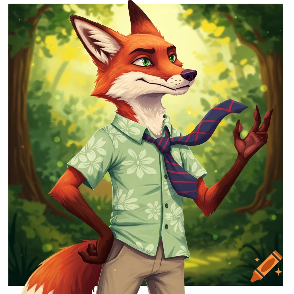 An anthropomorphic fox with a green Hawaiian shirt and striped tie stands in a lush forest, cartoon style.