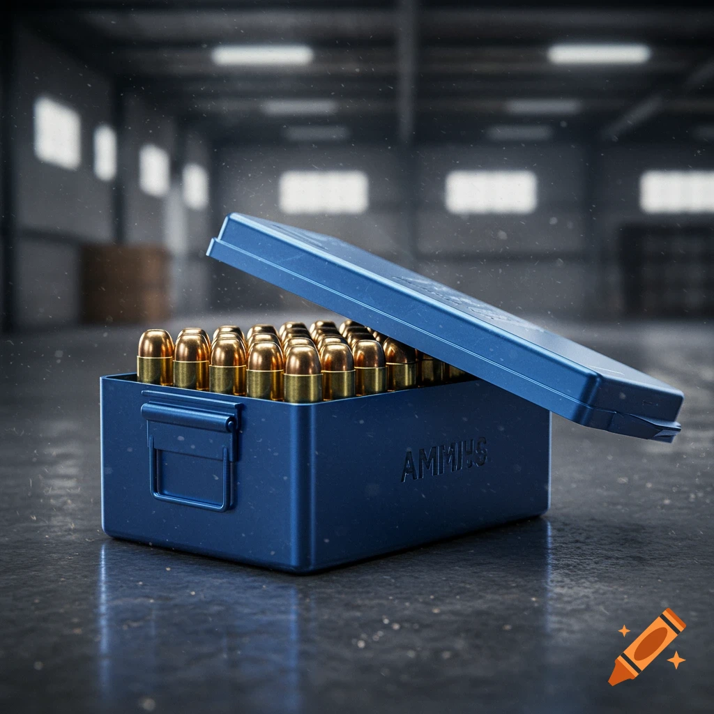 A blue ammunition box filled with golden bullets sits on a wet concrete floor in a dimly lit warehouse.