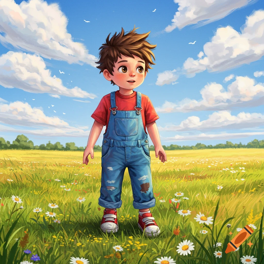 A cartoon boy in overalls stands in a sunny field of flowers under a blue sky.