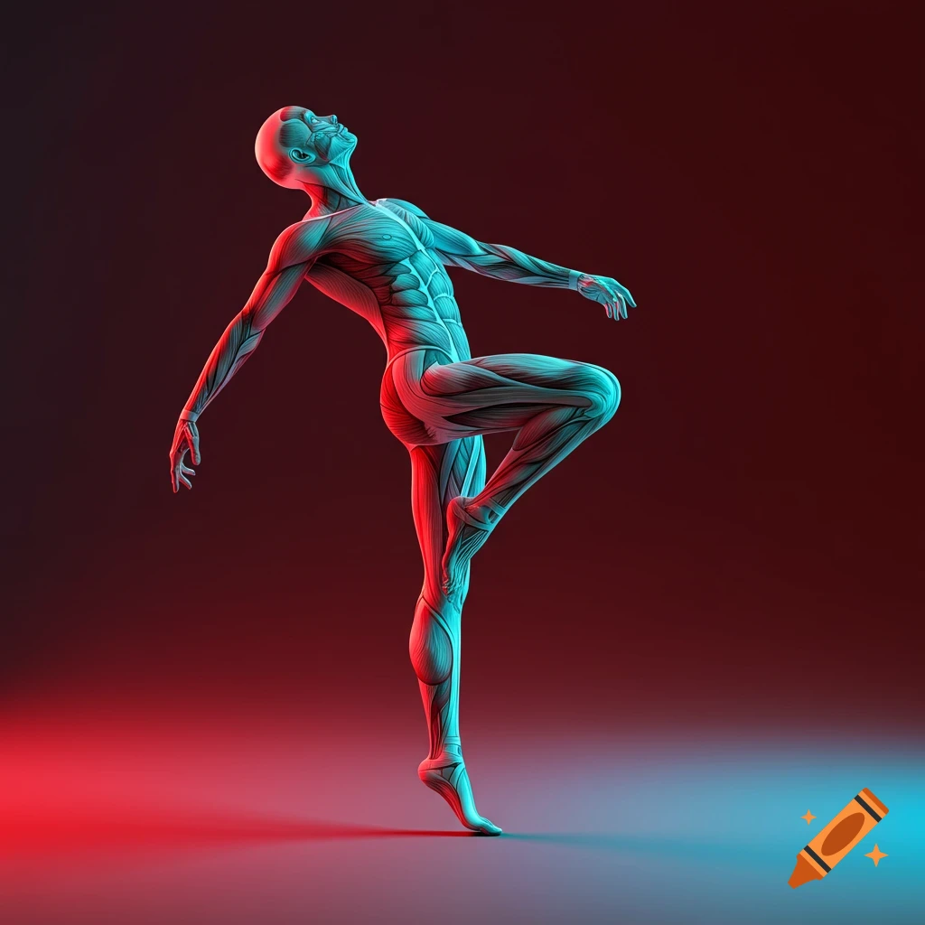 An anatomical human figure showing muscles in a dynamic dance pose, illuminated by red and cyan light.