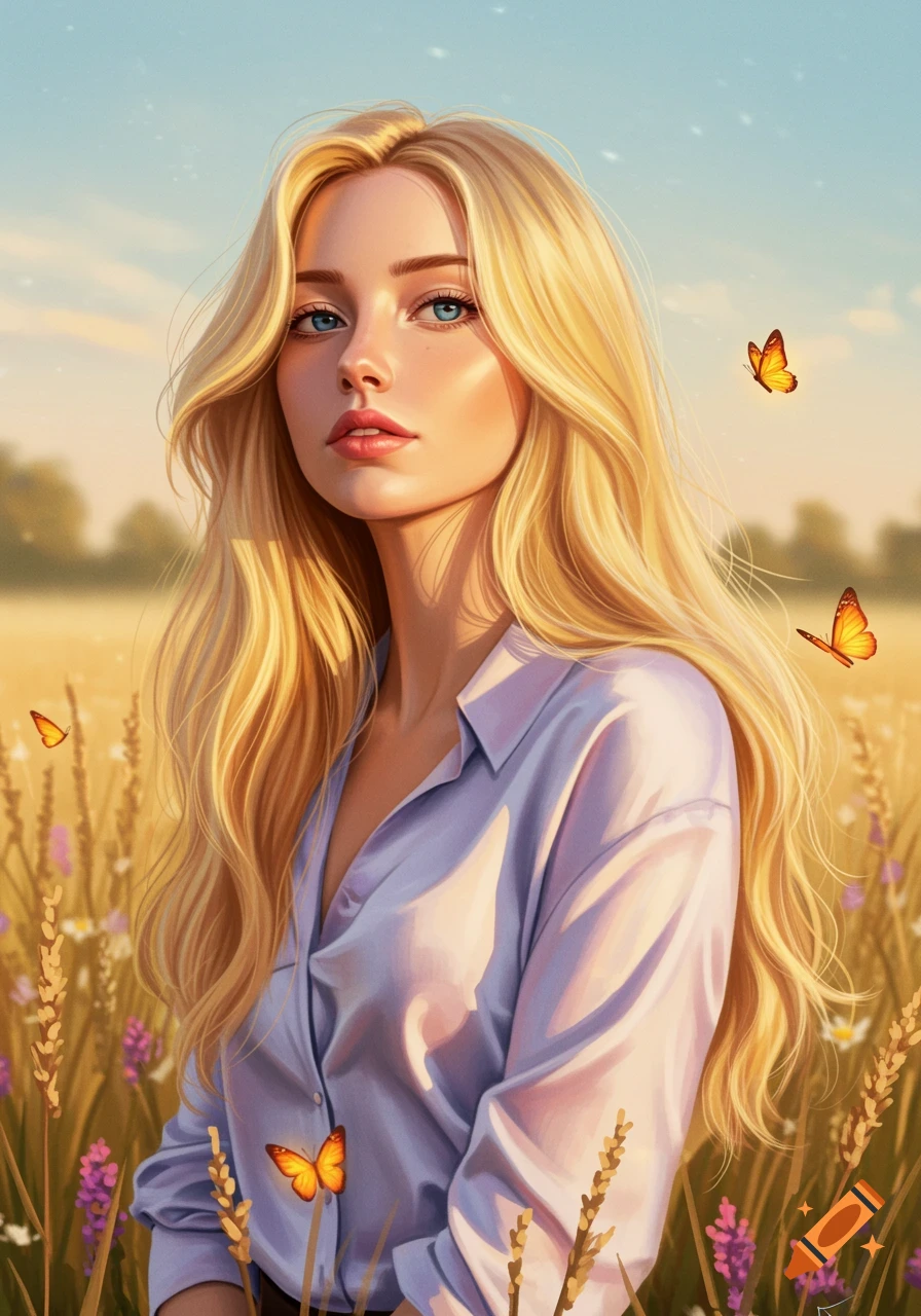 Digital art portrait of a blonde woman with blue eyes and long wavy hair, in a sunny field with butterflies.