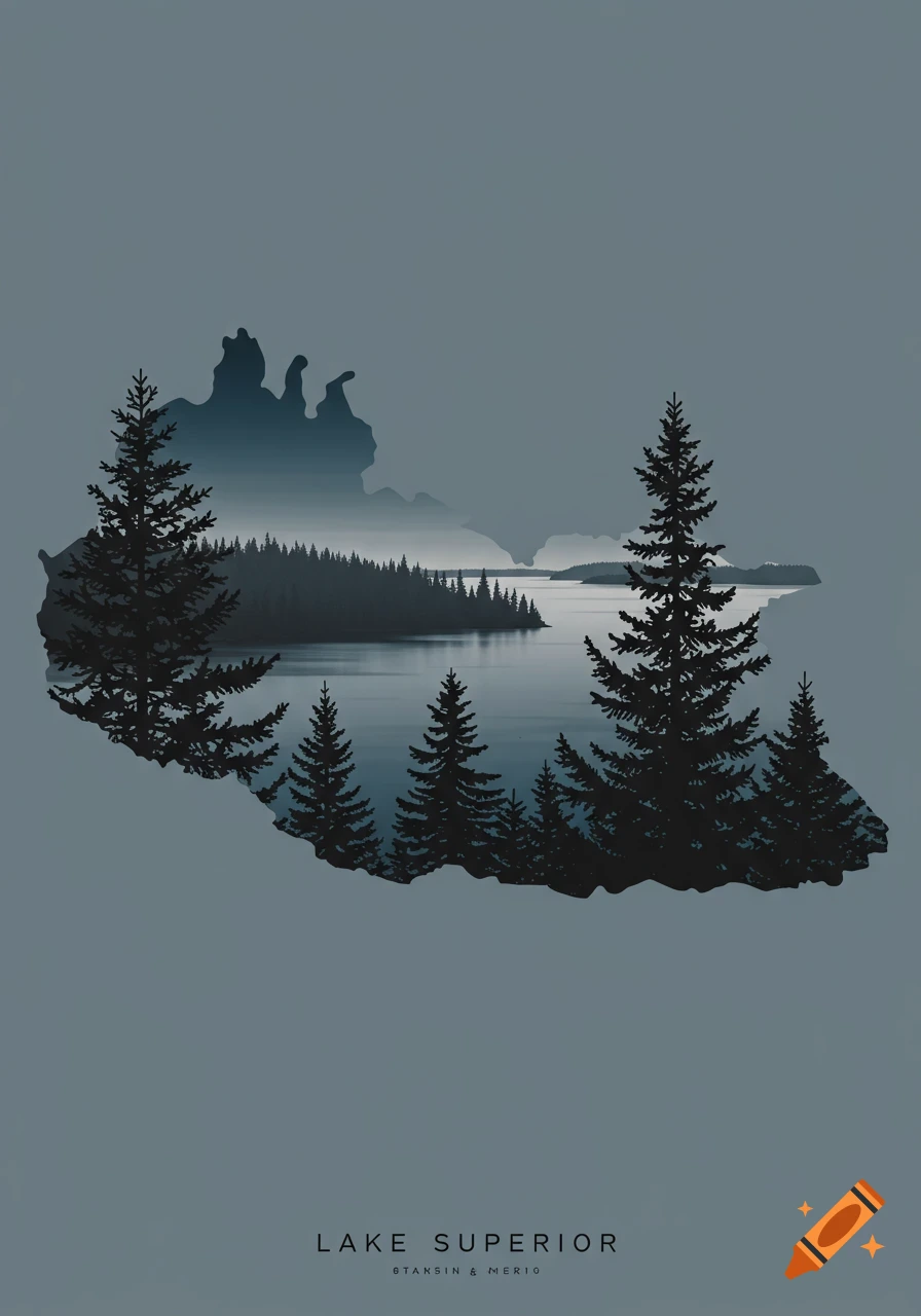A stylized minimalist illustration featuring the outline of Lake Superior filled with silhouettes of pine trees and a calm lake, all against a muted blue-gray background. The text "LAKE SUPERIOR" is at the bottom.