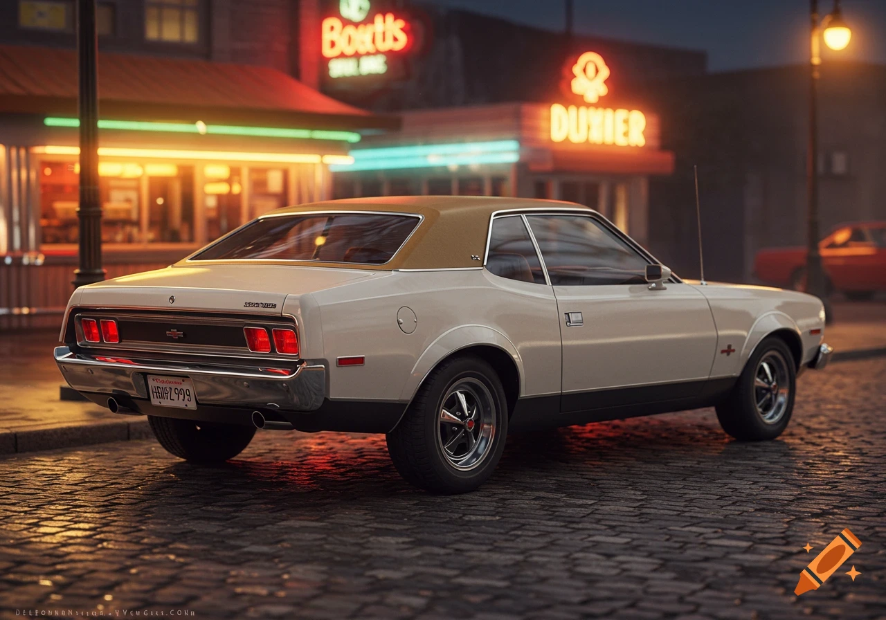 A white 1973 AMC Hornet with a tan roof is parked on a cobblestone street at night, with neon signs glowing in the background, in a photorealistic style.