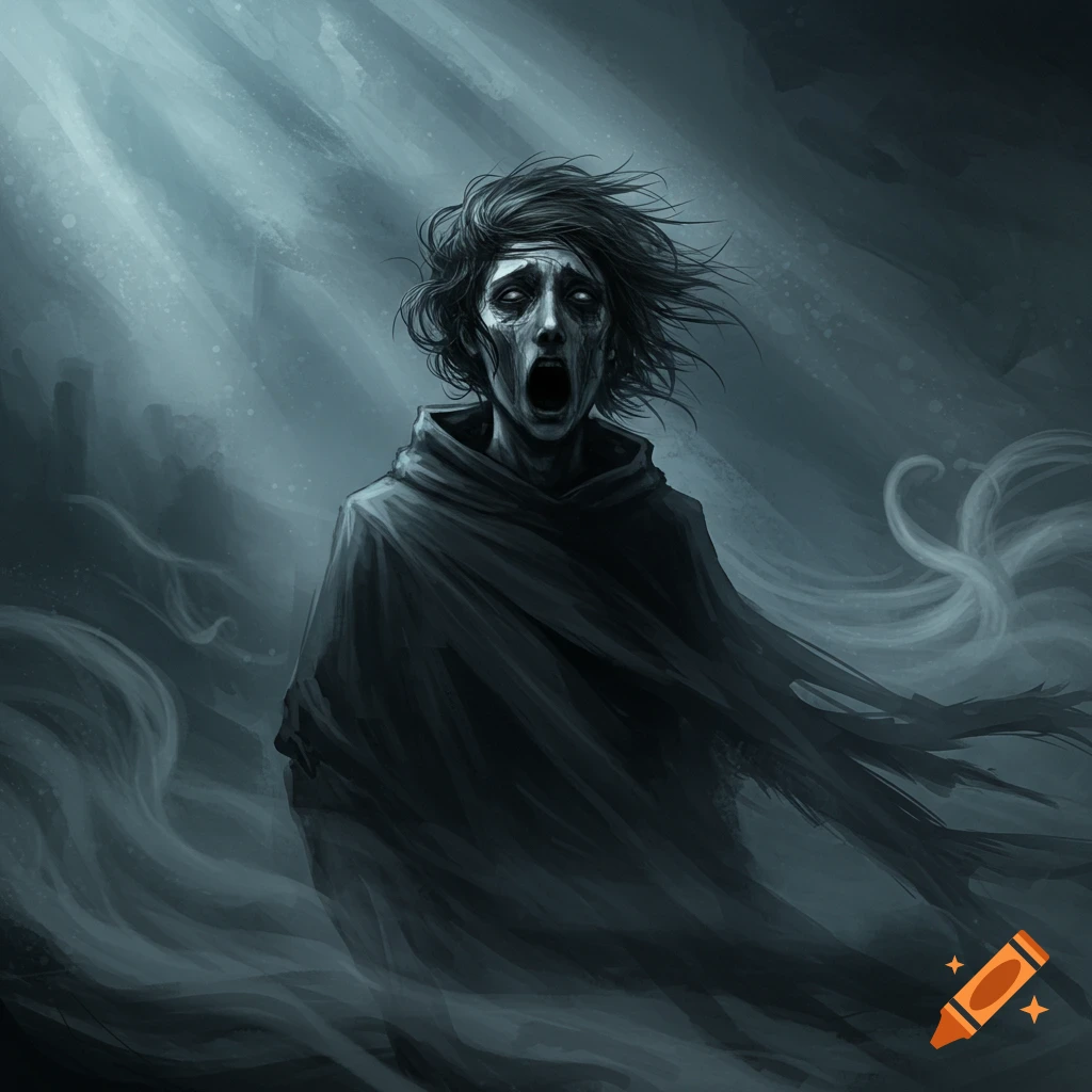A gaunt, pale figure in a dark cloak screams, with wide white eyes and disheveled hair, standing amidst swirling mist in a dark, ethereal setting.