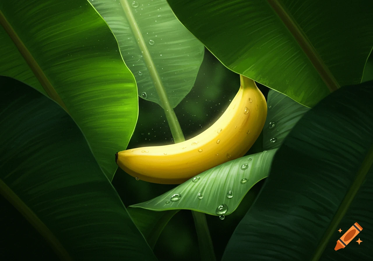 A single yellow banana with water droplets, nestled among large, dark green leaves.