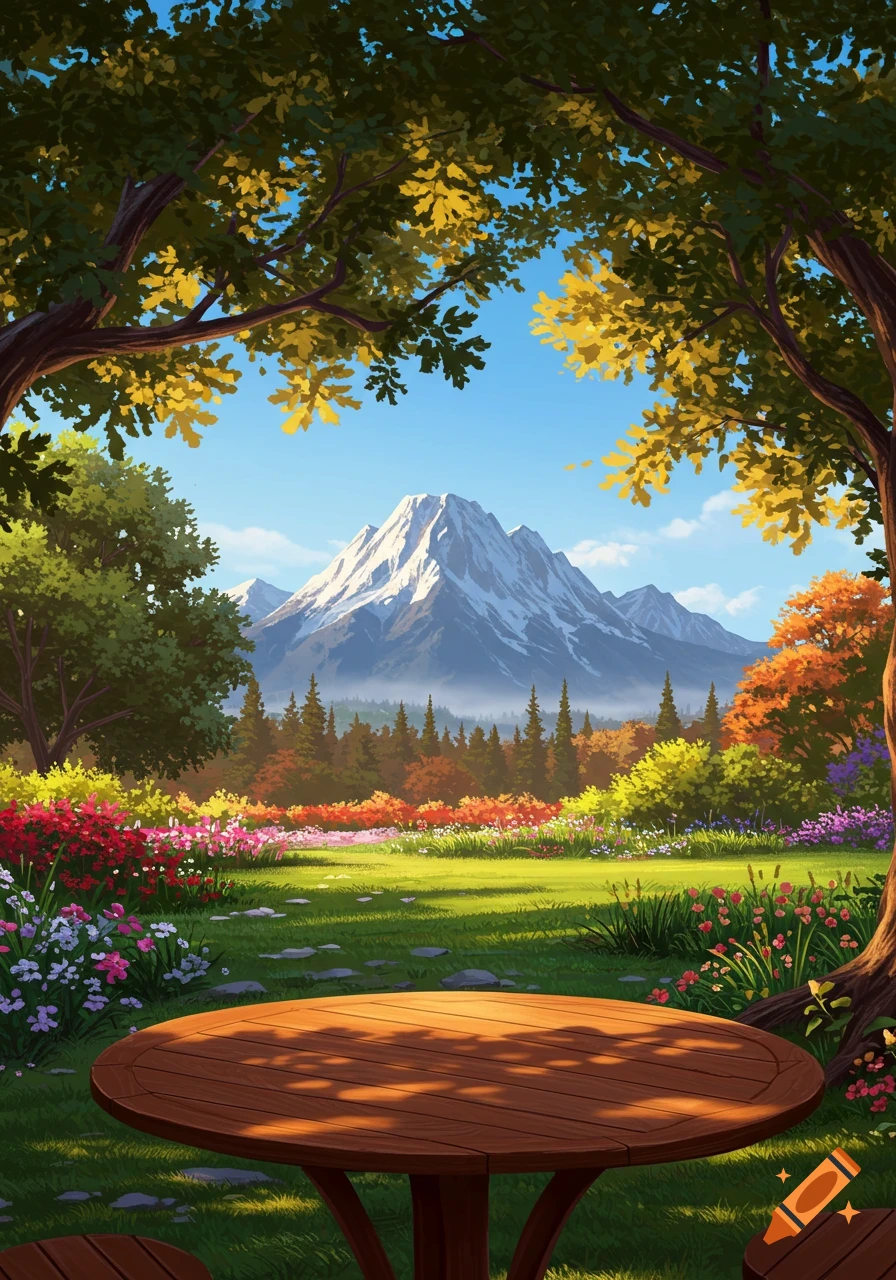 A vibrant cartoon landscape features a wooden table under leafy trees, with a colorful flower garden, forest, and snow-capped mountain in the background.
