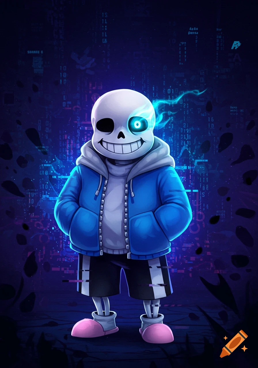 A stylized illustration of Sans from Undertale, a skeleton in a blue hoodie, stands against a dark blue background with abstract digital code patterns and glowing blue light.