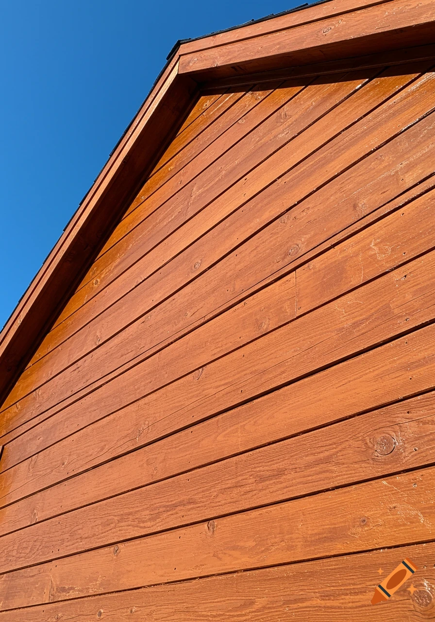 Photorealistic image of the side of a wooden house facade painted in a rich brown color, under a clear blue sky.