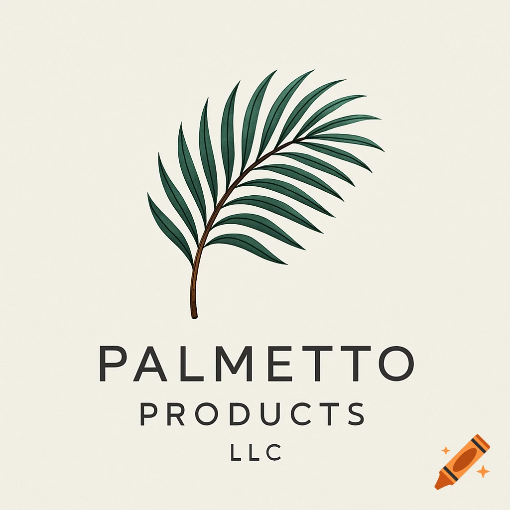 A minimalist logo with a dark green palm frond above the words 'PALMETTO PRODUCTS LLC' on a light cream background.