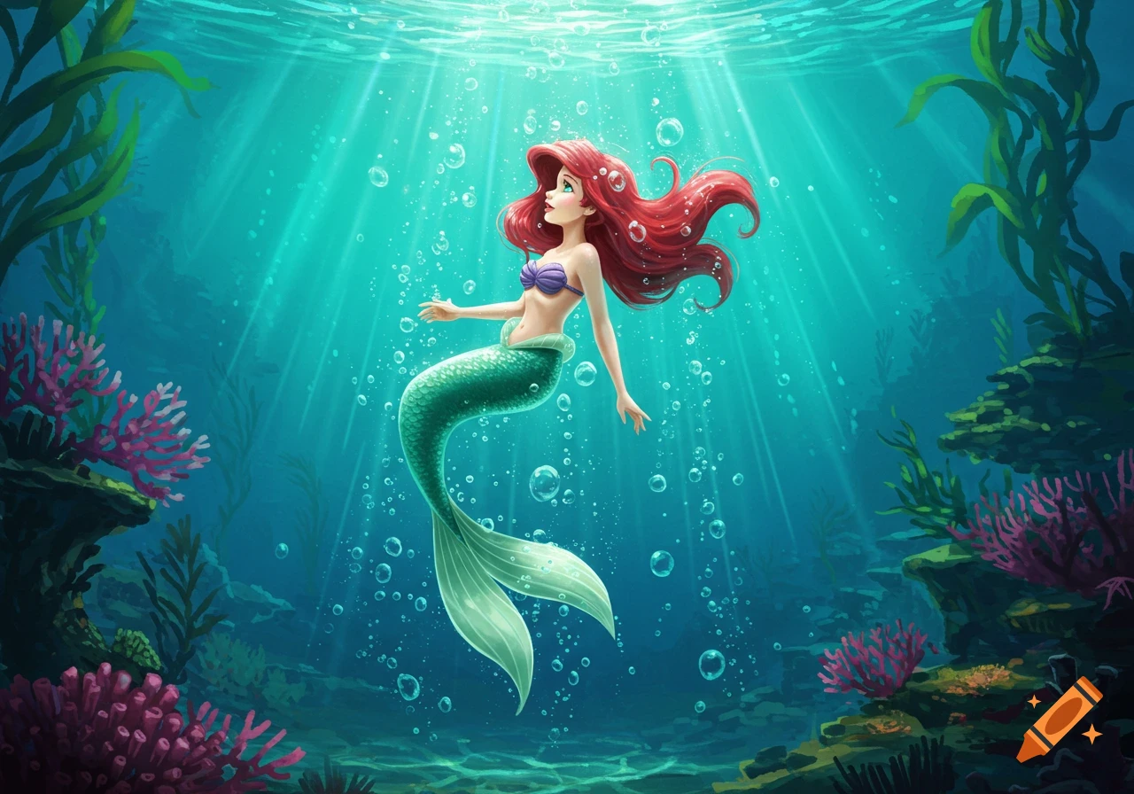 A cartoon mermaid with red hair and green tail floats gracefully underwater, surrounded by bubbles and sunlight.