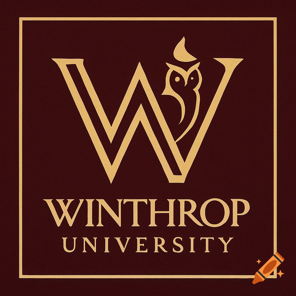 A gold 'W' logo with an owl in its design and the words "Winthrop University" below, all on a maroon background within a gold border.