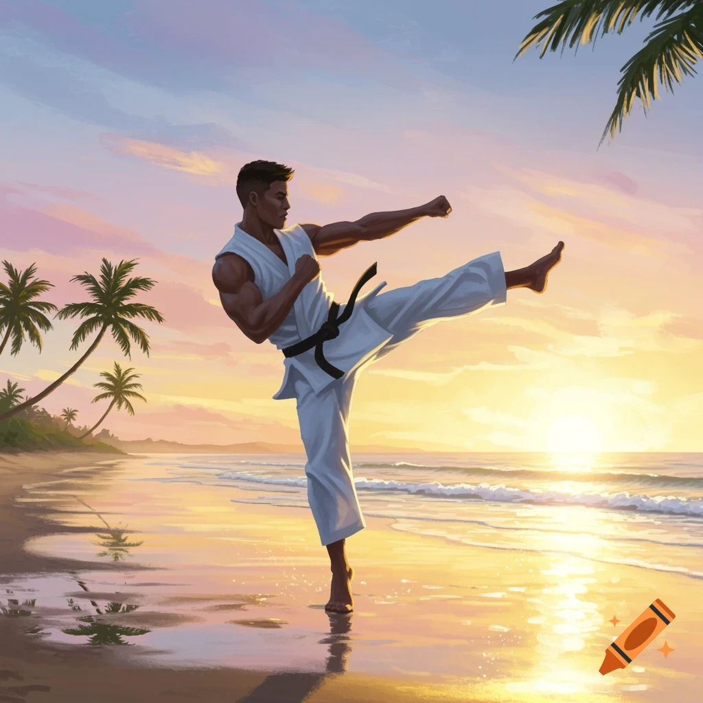 A man in a white karate gi practices a high kick on a beach at sunset, with palm trees and ocean waves. Digital painting.
