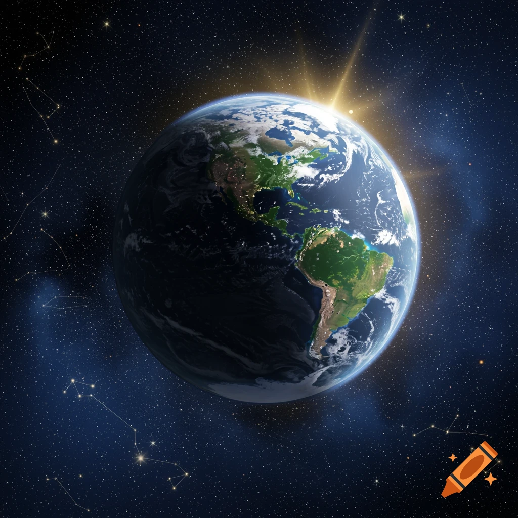 A vibrant image of Earth from space, with sunlight illuminating one side and constellations visible in the dark starry background.