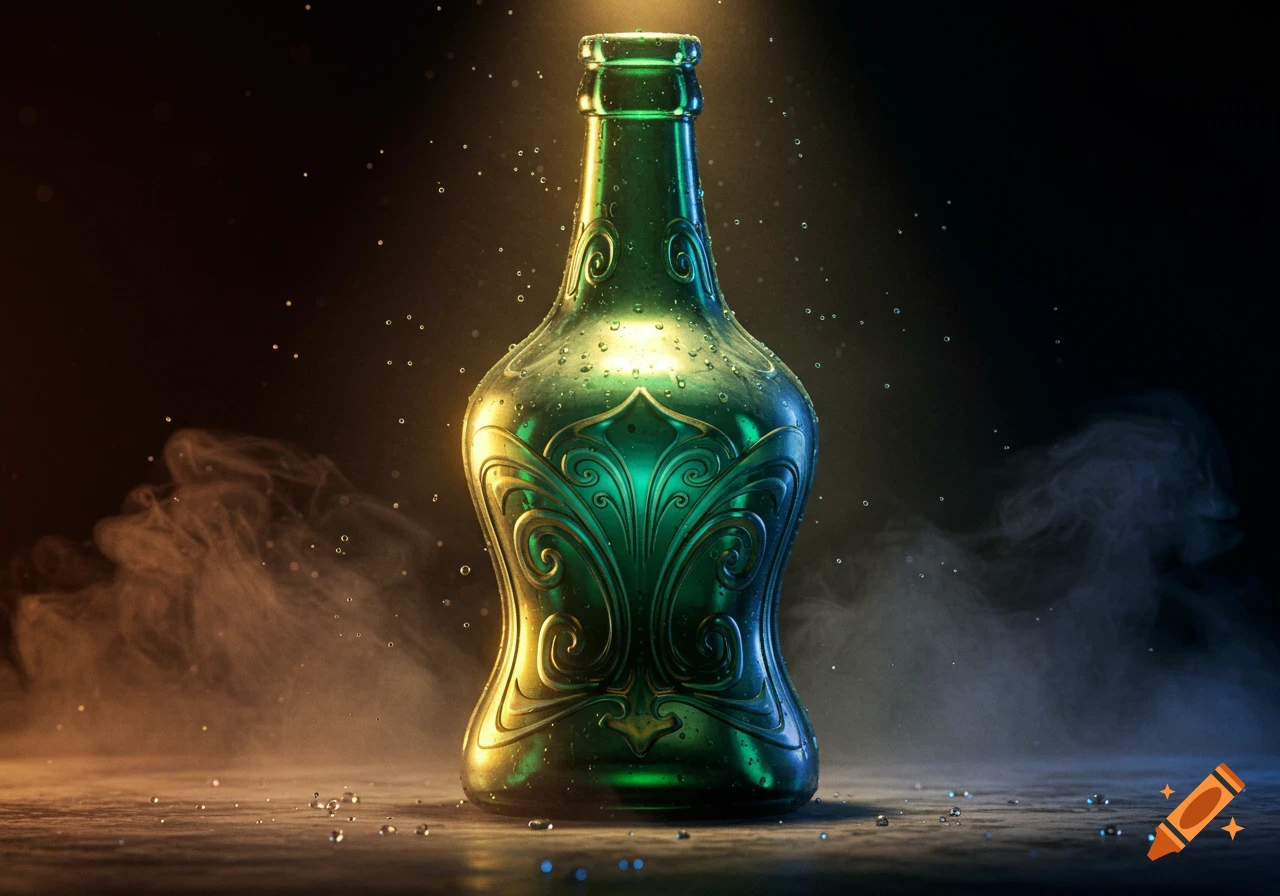 A photorealistic, ornate green bottle covered in water droplets and glowing under a dramatic light, surrounded by mist.