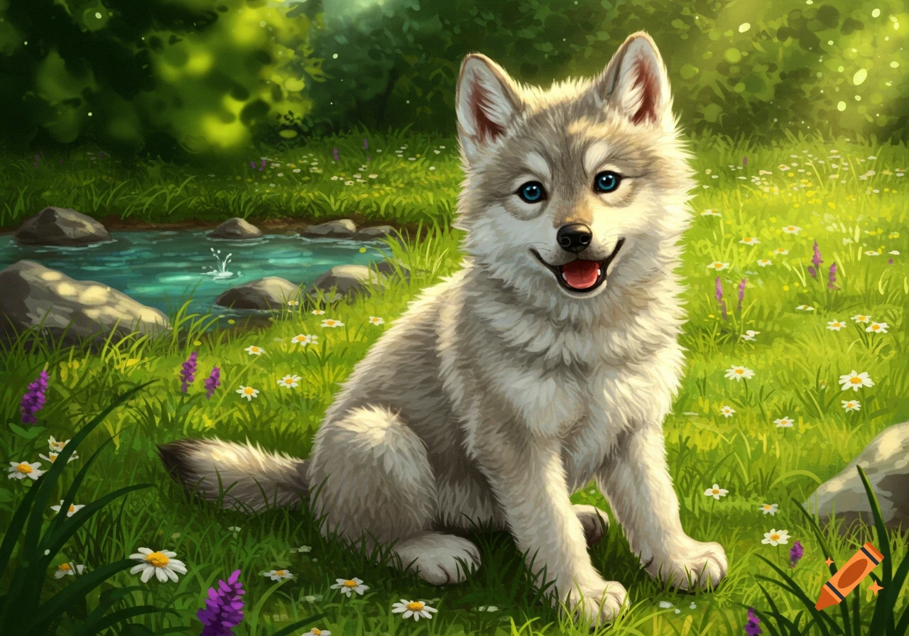 A cute wolf cub with blue eyes sits in a sunny green meadow by a stream, surrounded by white and purple wildflowers.