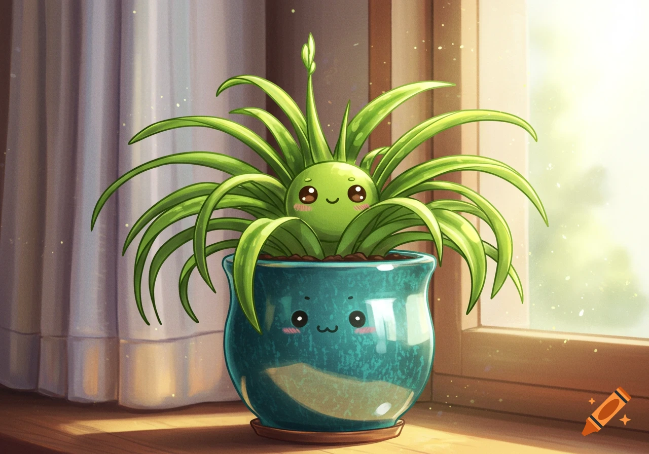A cute, cartoonish spider plant with a face smiles from a blue pot on a sunlit windowsill.