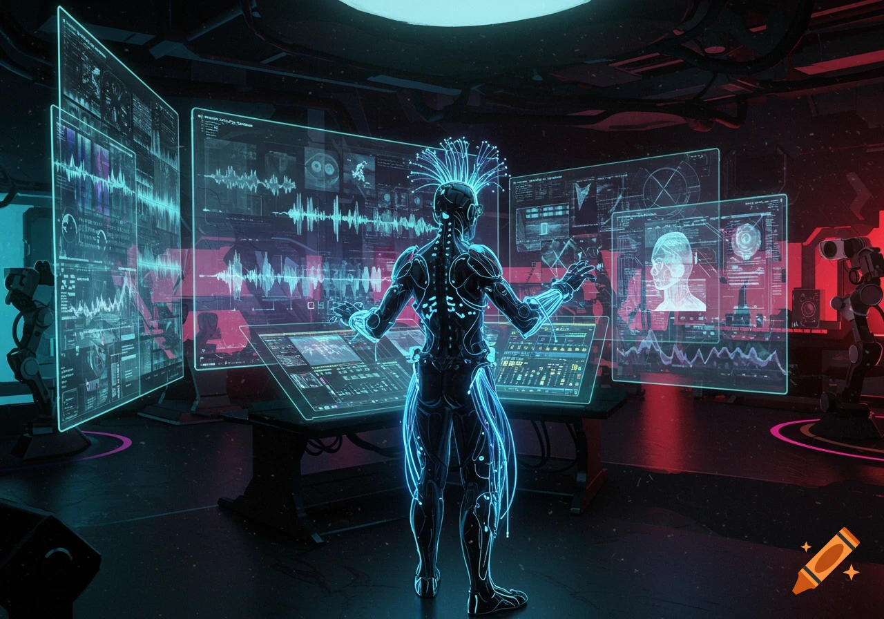 A futuristic robot with glowing blue lines on its body stands in front of multiple transparent screens displaying data and waveforms in a dark, neon-lit room.