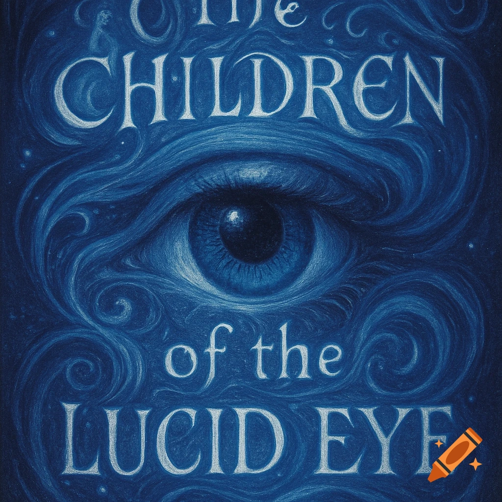 A stylized blue eye with swirling patterns, resembling a book cover with the title 'The Children of the Lucid Eye'.
