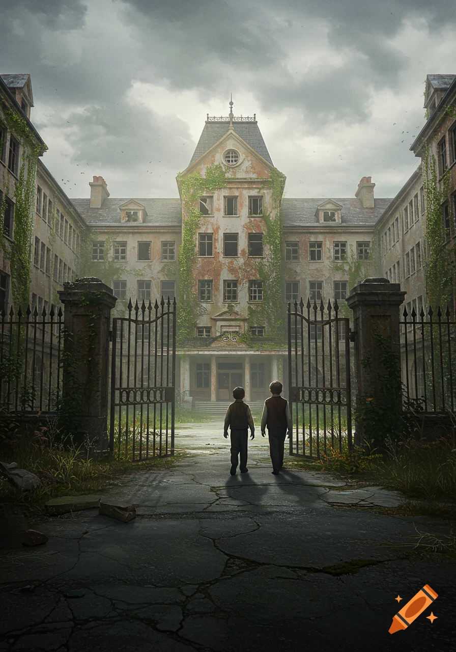 Two young boys walk through open gates towards a large, crumbling abandoned hospital under a cloudy sky.