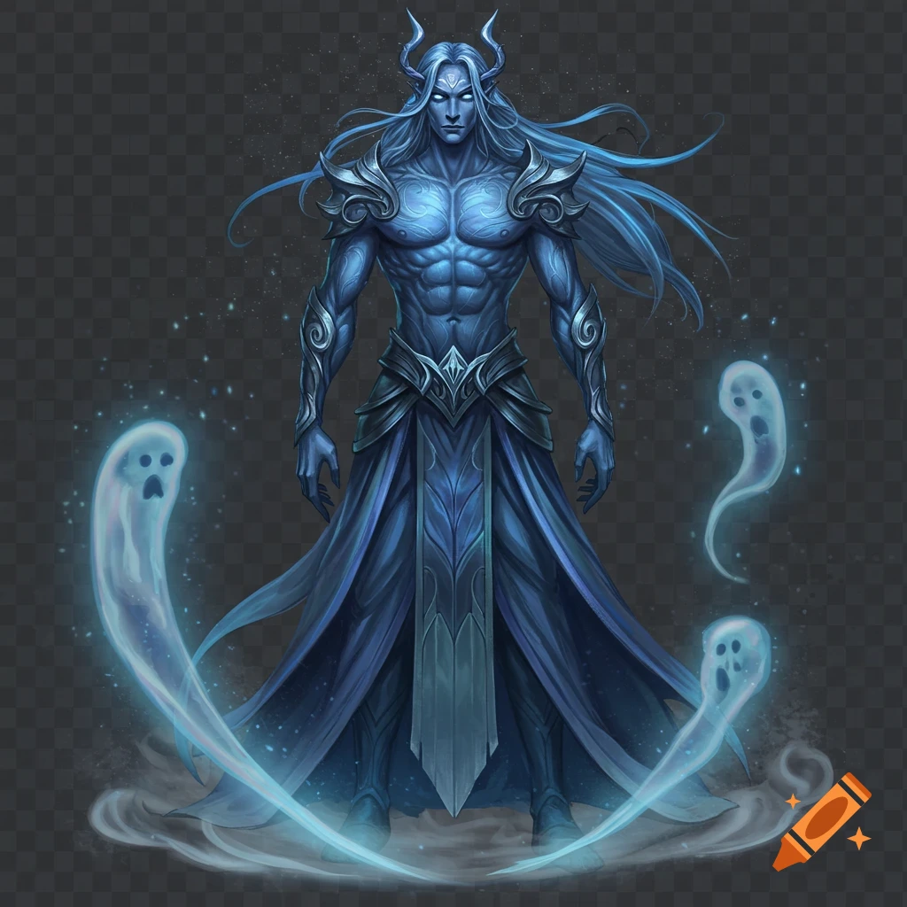 A blue-skinned male fantasy character with long white hair, horns, glowing eyes, and ornate armor, surrounded by glowing light blue ghosts.