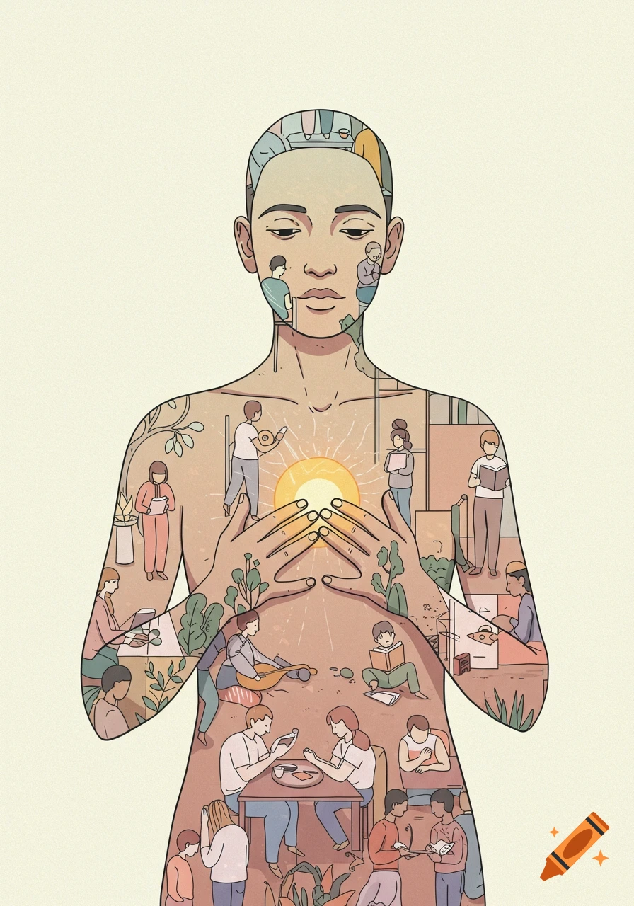 A stylized illustration of a human figure with various daily activities and small people depicted inside their body, holding a glowing sun-like object in their chest.