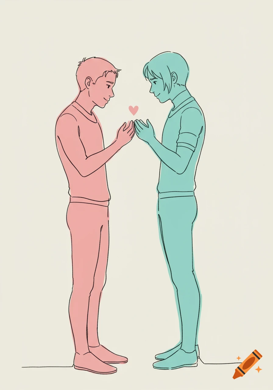 Minimalist illustration of two stylized male figures, one pink and one teal, facing each other with a heart floating between their hands.