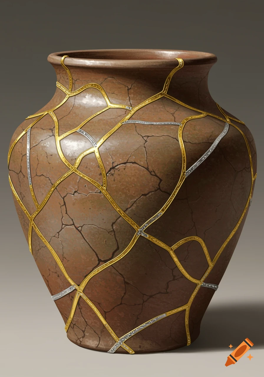 A brown ceramic pot repaired with intricate gold and silver kintsugi lines on a plain background.