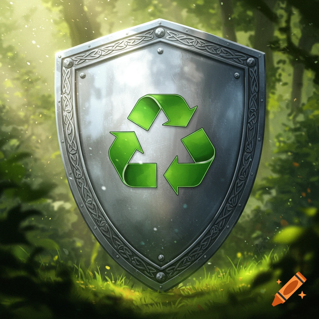 A metallic shield with a prominent green recycling symbol in its center, set against a sunlit, mystical forest background.
