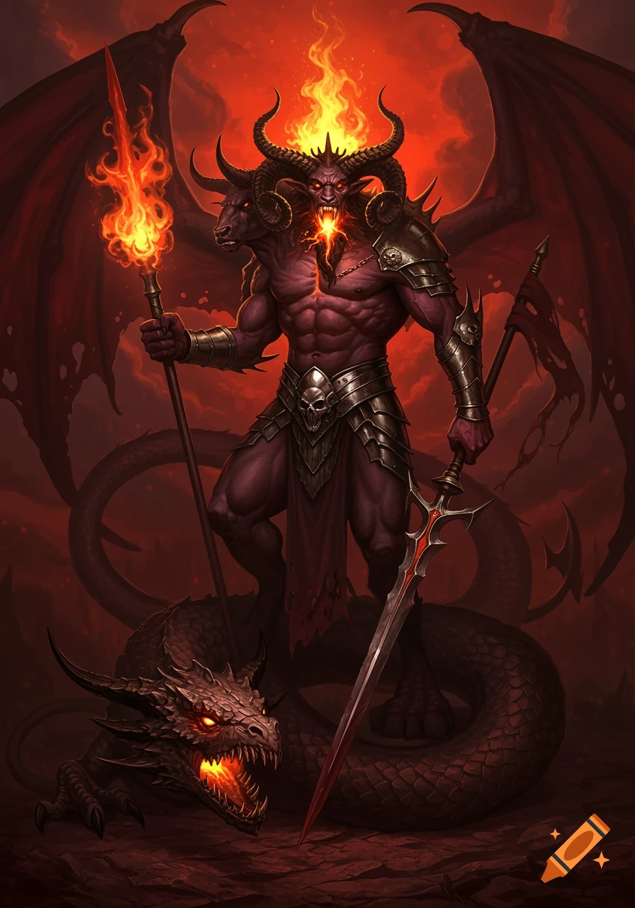 A powerful, armored demon with three heads and wings holds a flaming spear and a sword, standing over a dragon in a fiery, hellish landscape.
