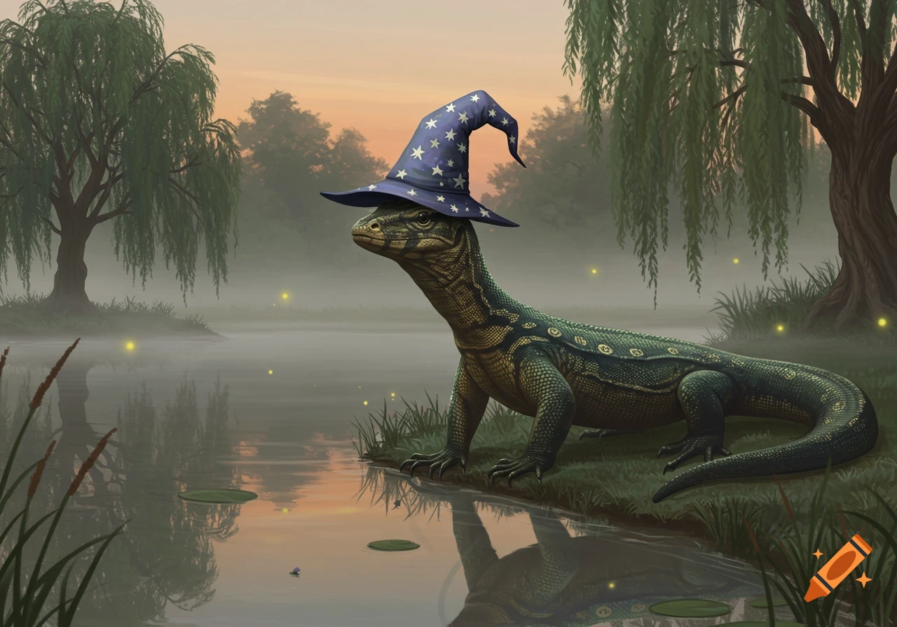 A water monitor lizard wearing a blue wizard hat with white stars stands by a misty lake at sunset with willow trees and fireflies.