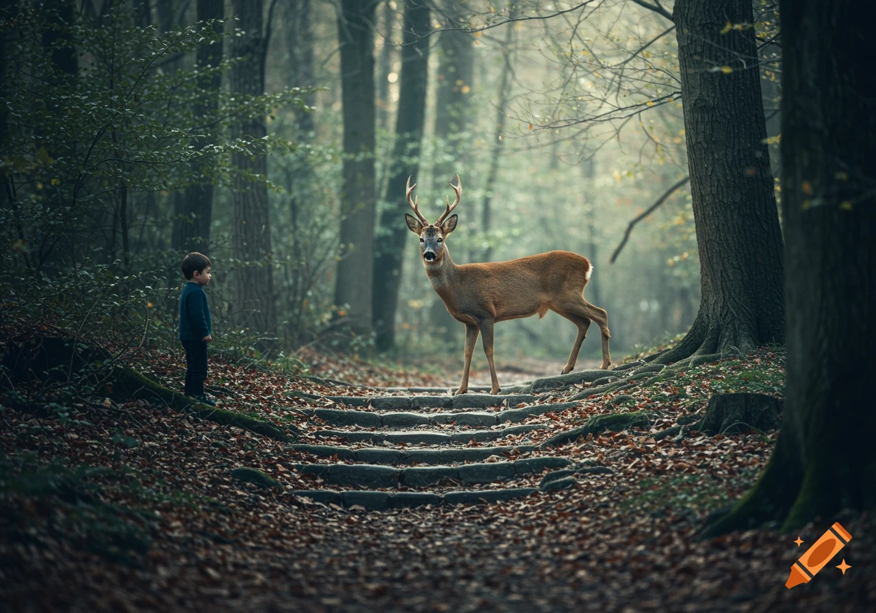 A young boy stands on a forest path looking at a deer with antlers on stone steps in a moody, photorealistic forest setting.