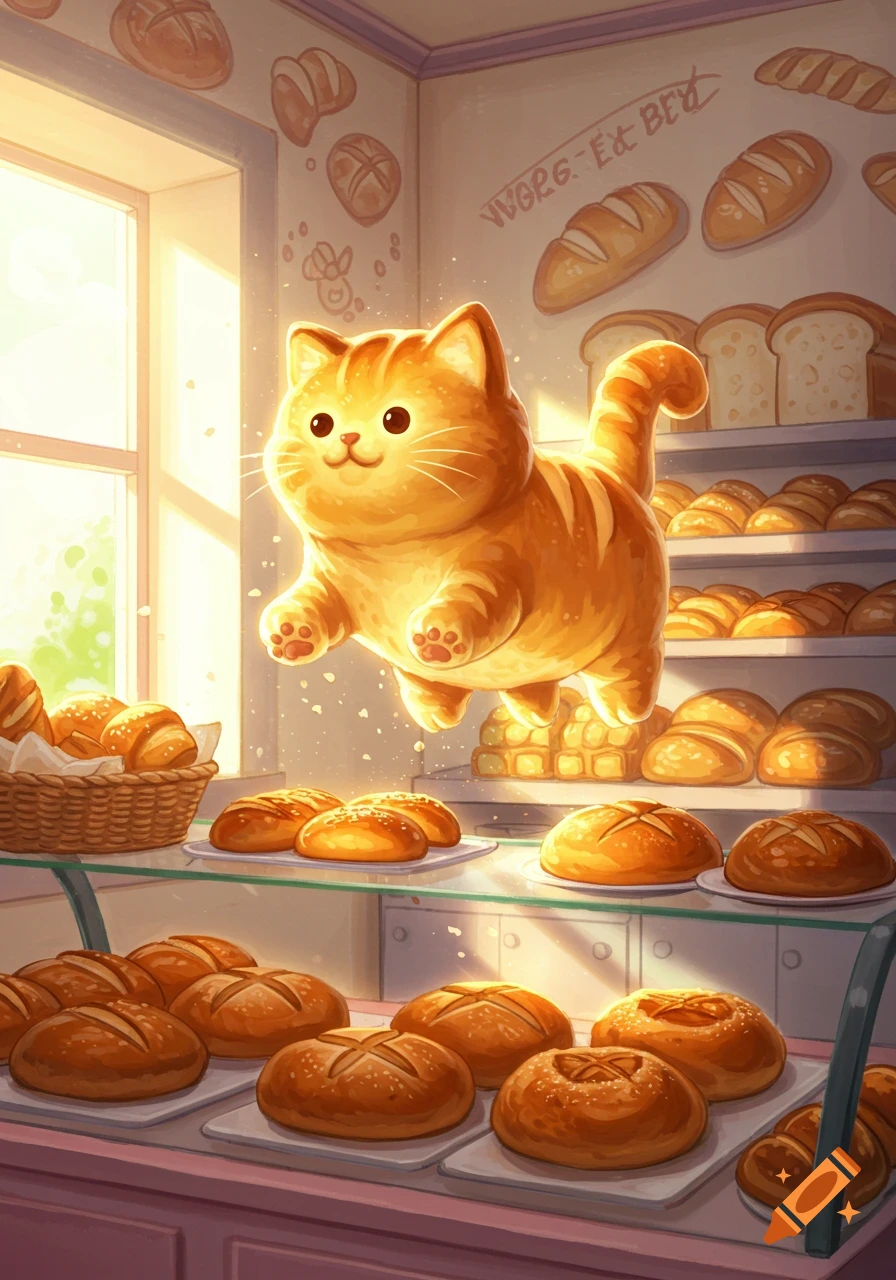 A cute, round orange tabby cat, made of bread, floats in a sunlit bakery filled with various loaves of bread.