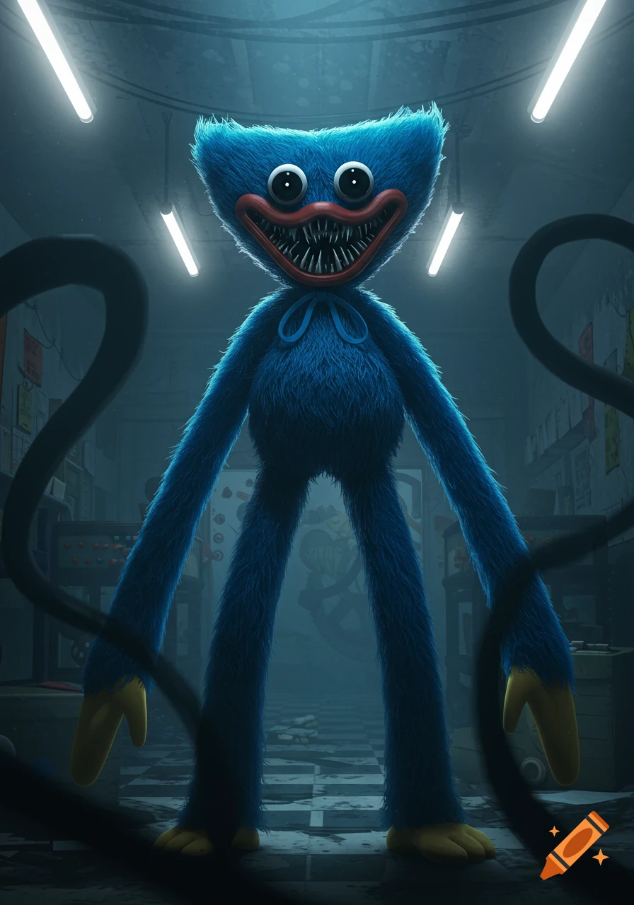 A tall, blue furry monster with large eyes and a wide mouth full of sharp teeth stands in a dark, abandoned factory.