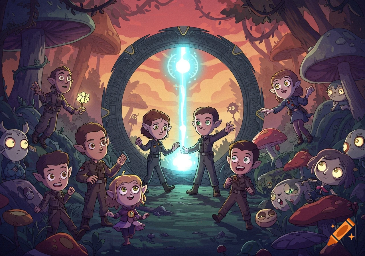 Cartoon characters with pointed ears resembling elves or aliens stand in a mushroom forest around a glowing Stargate portal. Characters wear uniforms.
