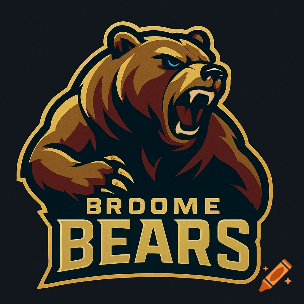 A brown bear roaring in a golden and red sports logo with 'BROOME BEARS' text.