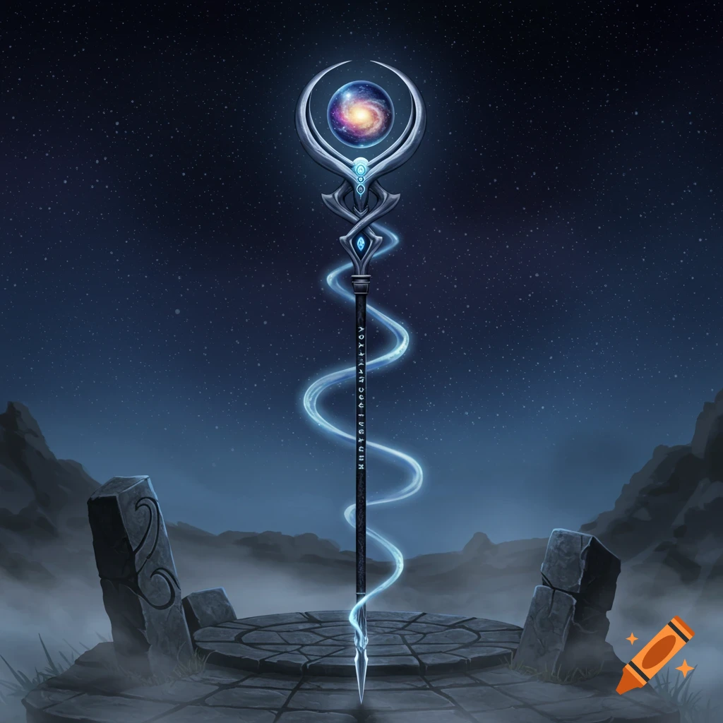 A mystical staff with a glowing galaxy orb at its top, standing on a stone altar under a starry night sky.