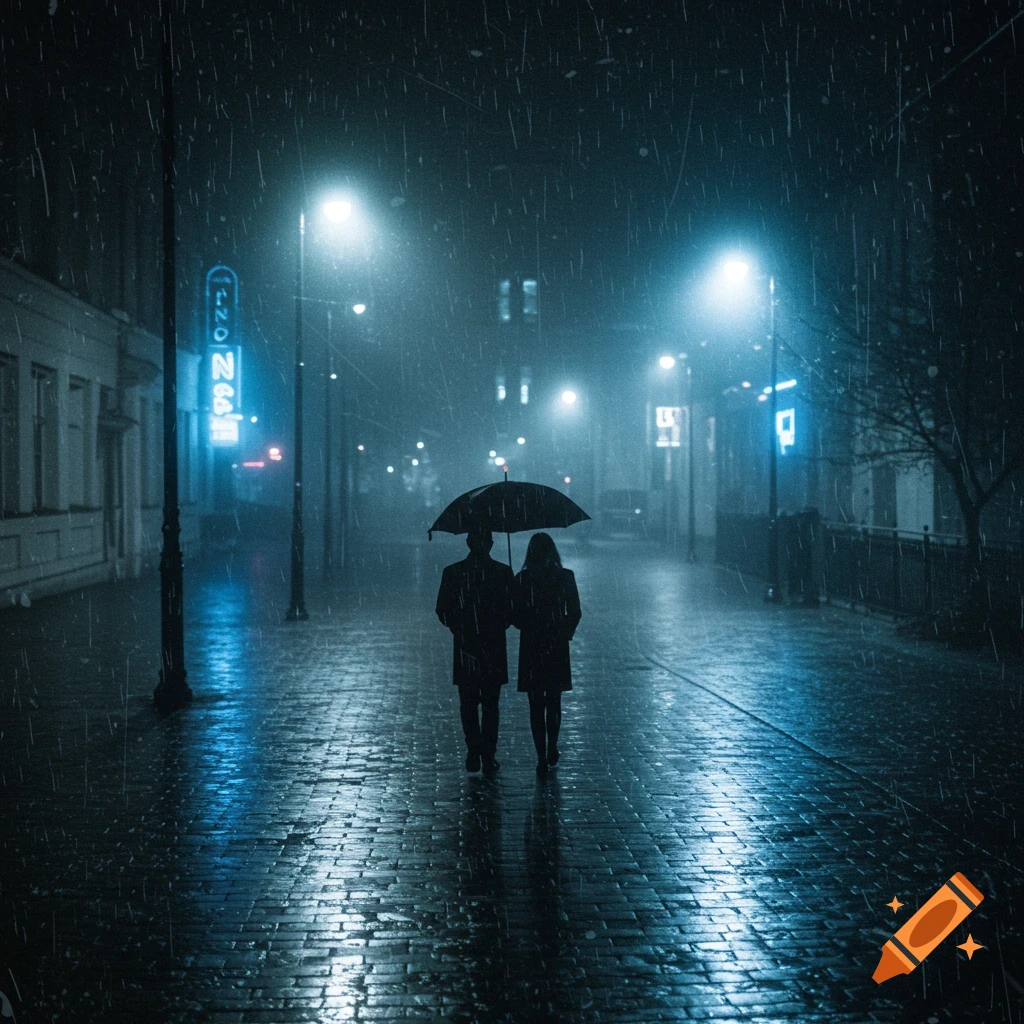 Two silhouetted figures walk under an umbrella on a wet, glowing street at night in heavy rain, illuminated by blue neon lights.