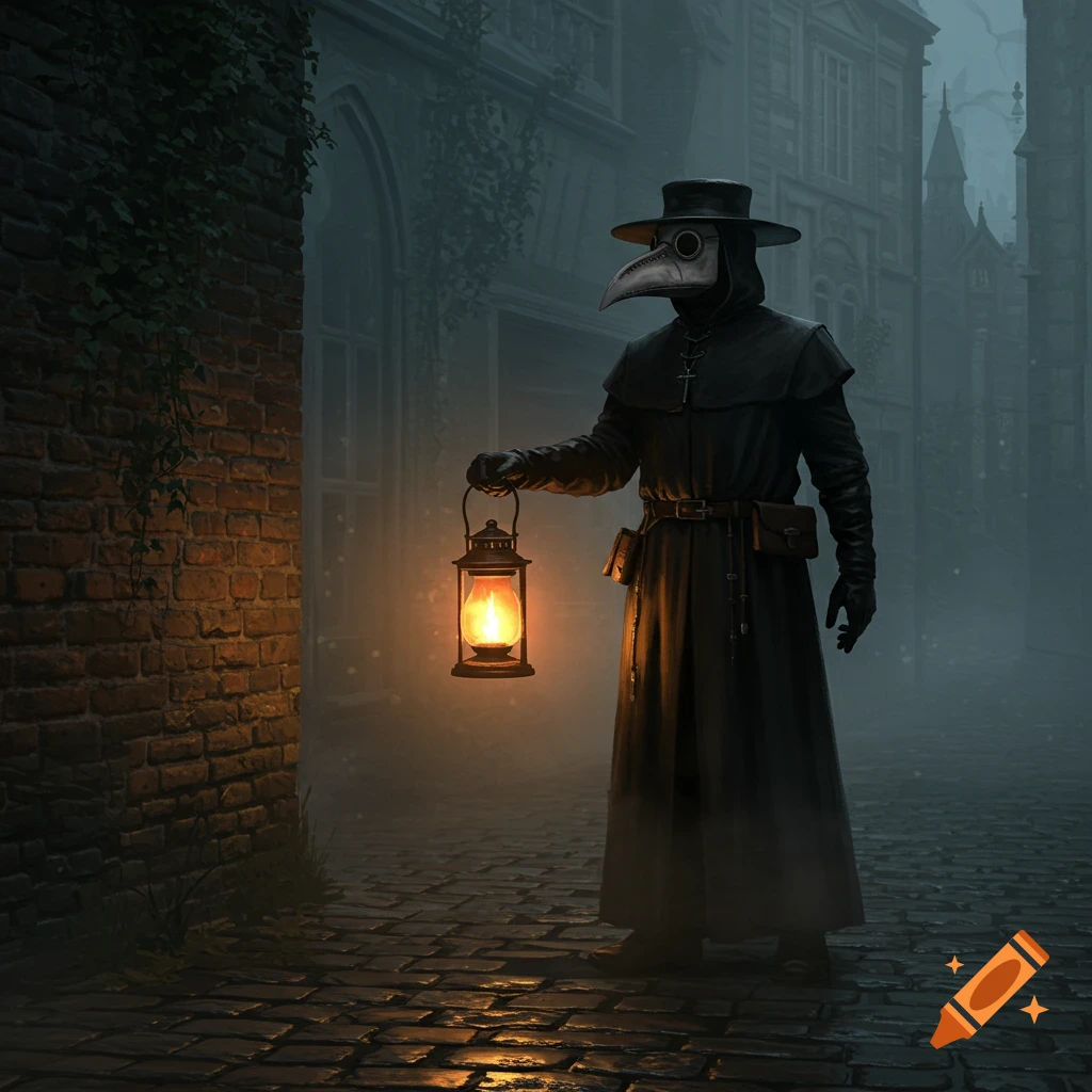 A plague doctor in a long black coat and bird-like mask holds a glowing lantern on a foggy, cobblestone street at night.