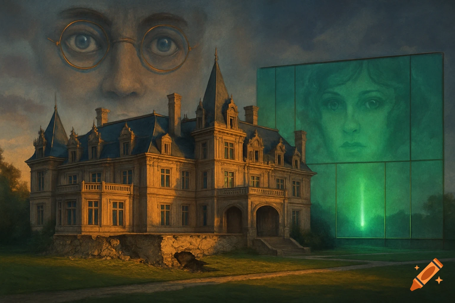 A grand mansion with a crumbling foundation under giant eyes in the sky, beside a green glass wall with a faint face and glowing light.