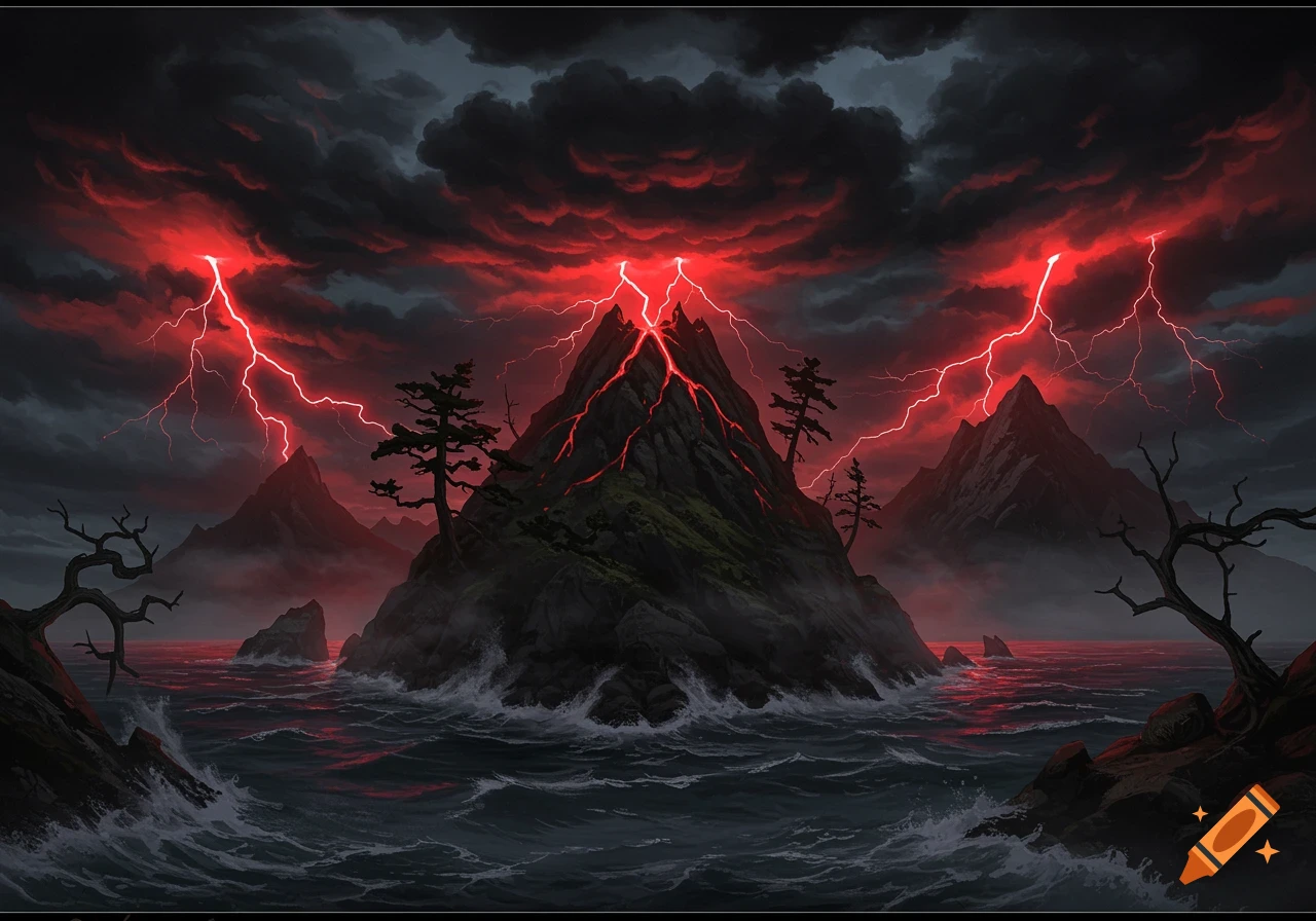 A dark, stormy landscape featuring a volcanic island with glowing red lightning striking from ominous clouds over a turbulent sea.