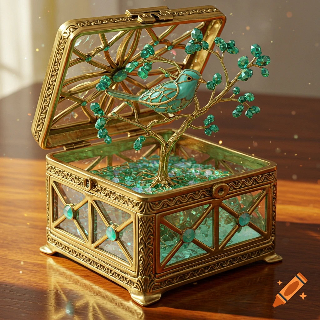 An open ornate gold and glass jewelry box containing a turquoise bird on a gold tree with turquoise leaves, on green gems.