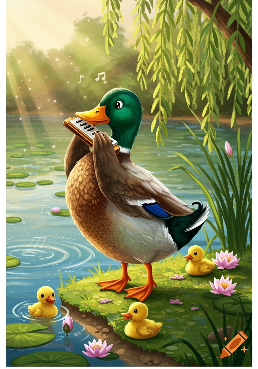 A vibrant cartoon duck plays a harmonica by a pond with ducklings and pink water lilies under a weeping willow tree.