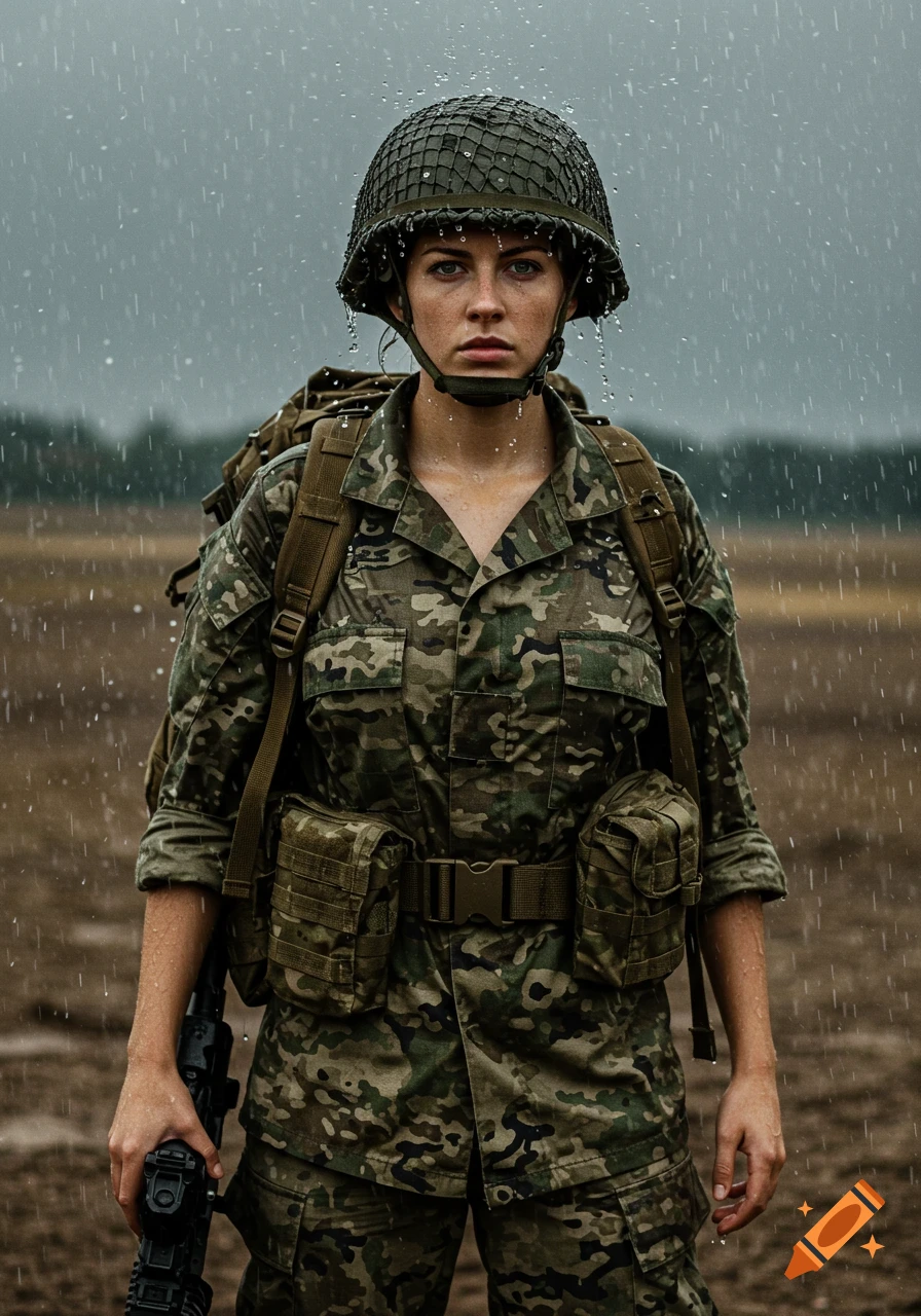 Photorealistic portrait of a serious female soldier in camouflage uniform and helmet, standing in the rain with a rifle.