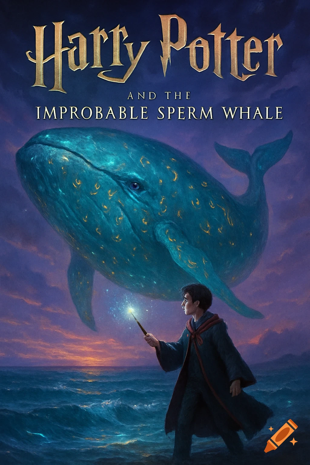 A wizard stands by the ocean, looking up at a giant sperm whale floating in the sky, under the book title 'Harry Potter and the Improbable Sperm Whale'.